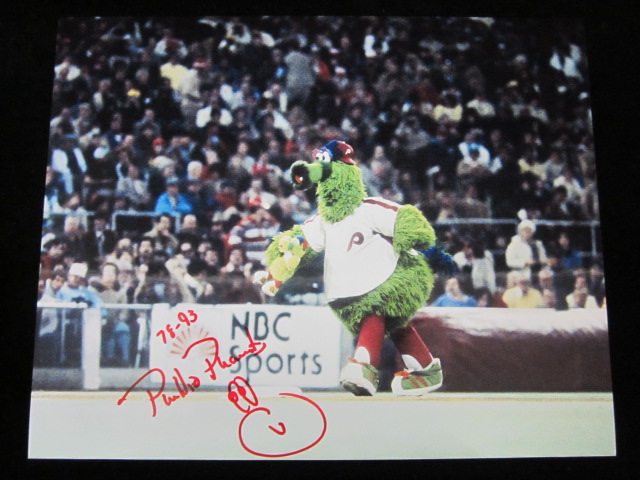 Phillie Phanatic 16x20 autographed Flag photo framed